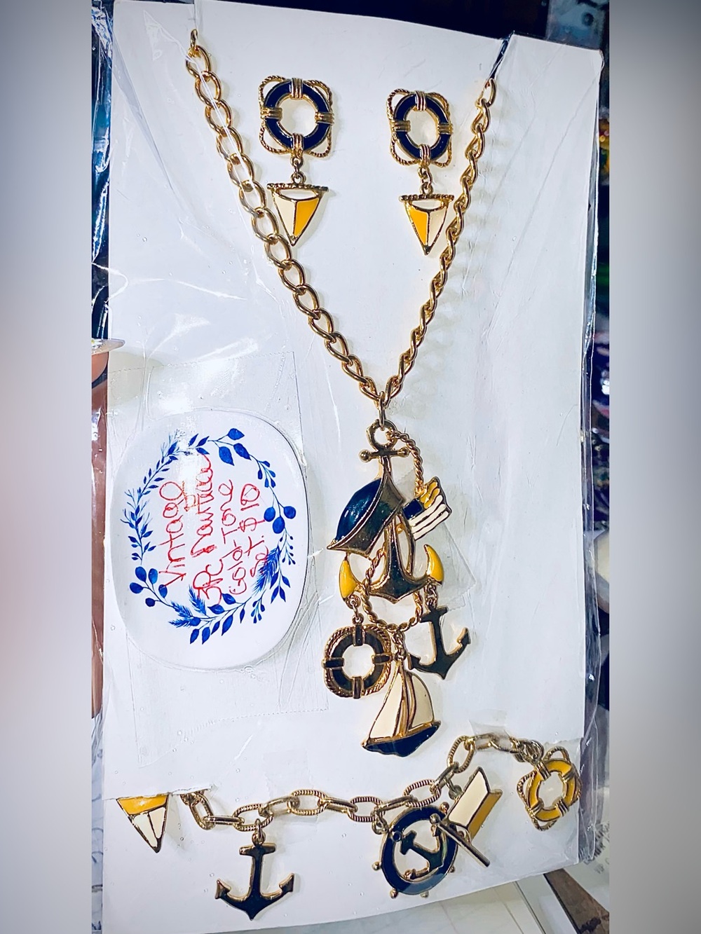 Gold-Tone Nautical Charm Necklace and Earring Set - Yellow and Navy